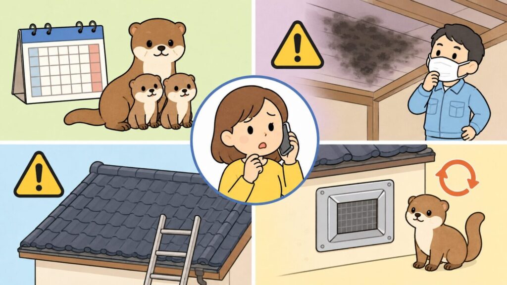 子育て時期を示すカレンダーと親子のイタチ、マスクを着ける住民と天井裏の広範囲の汚れ、瓦屋根にかけたはしごの危険、封鎖後の再侵入という4つの状況を並べ、中央で業者に電話相談する住民を描いたいらすとや風イラスト