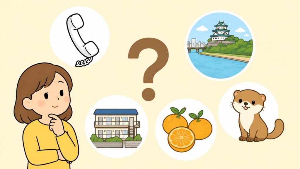 電話の受話器、緑の丘の上の城と川の風景、賃貸マンション、みかん、イタチのキャラクターをクエスチョンマークのまわりに配置し、考えごとをする住民を描いた、和歌山市のイタチ駆除のよくある質問を表すいらすとや風イラスト