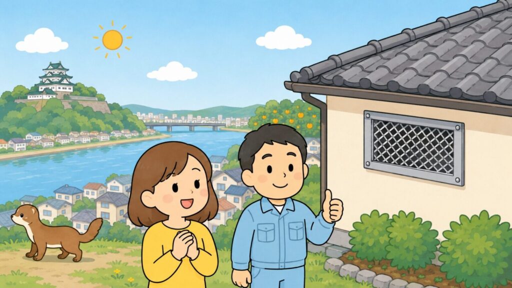 川と緑の丘の上の城、みかんの木がある住宅街を背景に、金網で換気口が塞がれた住宅の前で安心する住民と親指を立てる獣害対策アドバイザー、川辺へ歩いて帰るイタチを描いた、和歌山市でのイタチ対策の完了を表すいらすとや風イラスト