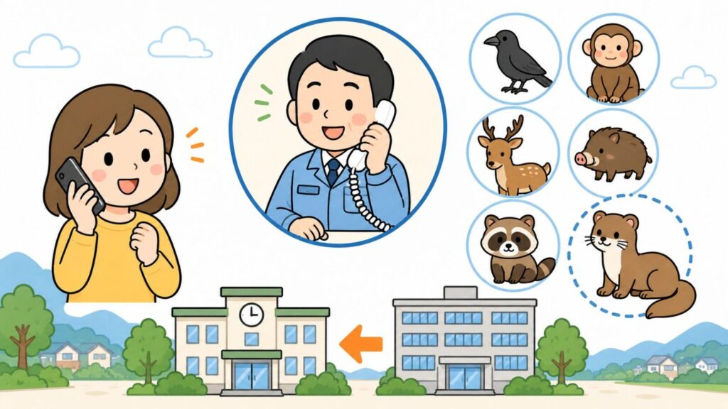 電話で相談する住民と受話器を持って応対する職員を中心に、市町が許可窓口となるカラス・サル・シカ・イノシシ・アライグマのアイコンと点線の丸で区別されたイタチ、県庁から市役所へ向かう矢印を添えた、滋賀県の相談窓口と役割分担を表すいらすとや風イラスト