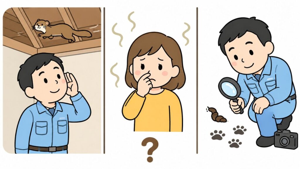 天井裏を走るイタチの物音に耳を澄ます住民、糞尿の臭いに顔をしかめる住民、虫眼鏡で細くねじれた糞と足跡を調べる住民の3場面を並べ、下部のクエスチョンマークで手掛かり一つだけでは動物を断定できないことを示したいらすとや風イラスト