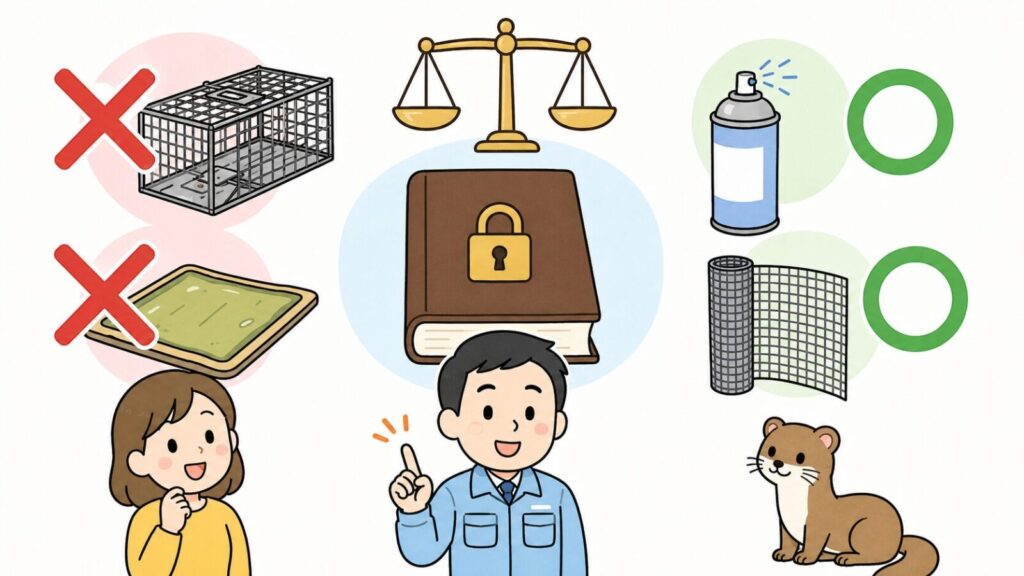 天秤と錠前が描かれた法律の本を中央に置き、無許可の捕獲器と粘着シートに赤いバツ印、忌避剤スプレーと金網に緑の丸印を対比させて、イタチの捕獲は許可制だが追い出しと封鎖は許可なくできることを示すいらすとや風イラスト