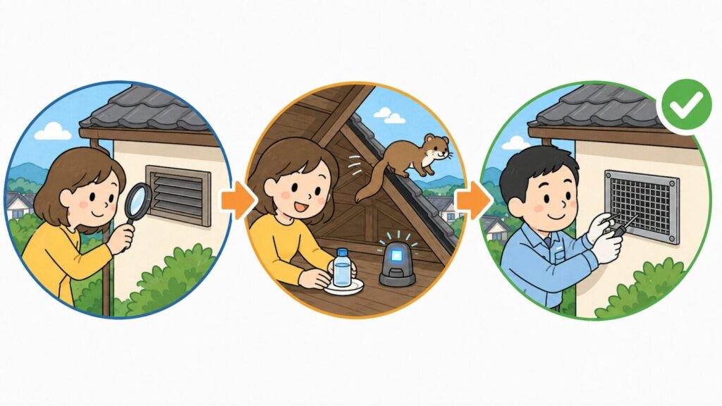 換気口の隙間を虫眼鏡で点検する、忌避剤とライトを天井裏に仕掛けて追い出す、退出を確認してから金網を取り付けるという3つの手順を矢印でつないで示した、イタチの追い出しと封鎖の流れを表すいらすとや風イラスト