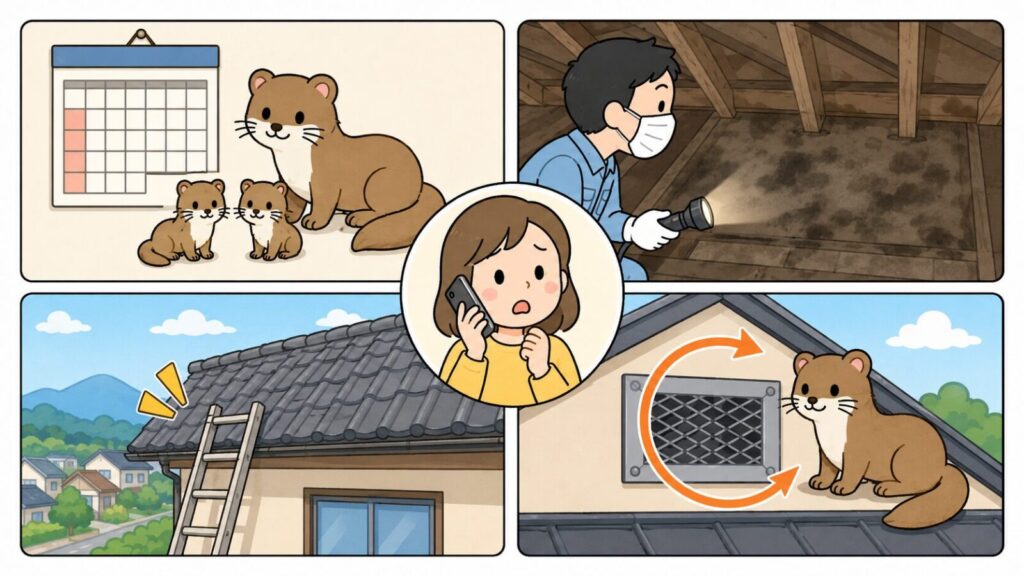 子育て時期を示すカレンダーと親子のイタチ、マスクを着けて照らす天井裏の広範囲の汚れ、瓦屋根にかけたはしごの危険、封鎖後の再侵入という4つの状況を並べ、中央で業者に電話相談する住民を描いたいらすとや風イラスト