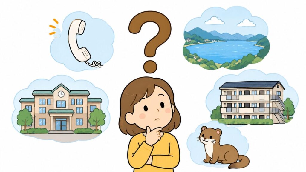 電話の受話器、大きな湖と山なみの風景、市役所の建物、賃貸マンション、イタチのキャラクターをクエスチョンマークのまわりに配置し、考えごとをする住民を描いた、滋賀県のイタチ駆除のよくある質問を表すいらすとや風イラスト