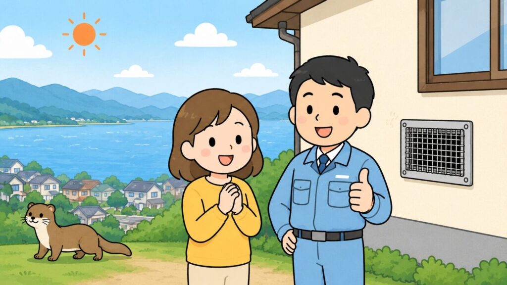 大きな湖と遠くの山なみ、湖岸の住宅街を背景に、金網で換気口が塞がれた住宅の前で安心する住民と親指を立てる獣害対策アドバイザー、湖岸へ歩いて帰るイタチを描いた、滋賀県でのイタチ対策の完了を表すいらすとや風イラスト