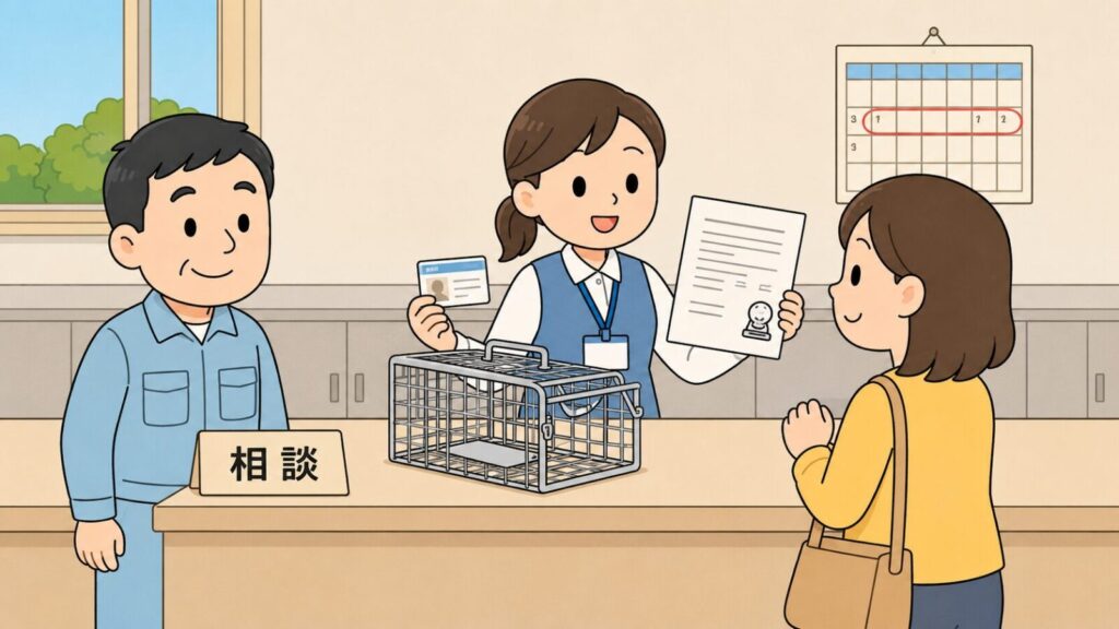 窓口カウンターで職員が空の小型箱わなを置き、従事者証風のカードと判子付きの申請書類を示しながら案内し、貸出期間を丸で囲んだカレンダーを背に住民が相談している場面を描いた、奈良市の捕獲器貸出の手続きを表すいらすとや風イラスト