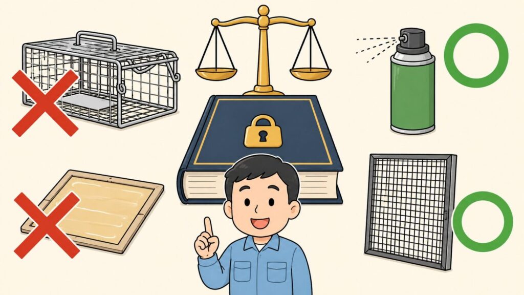 天秤と錠前が描かれた法律の本を中央に置き、無許可の捕獲器と粘着シートに赤いバツ印、忌避剤スプレーと金網に緑の丸印を対比させて、イタチの捕獲は許可制だが追い出しと封鎖は許可なくできることを示すいらすとや風イラスト