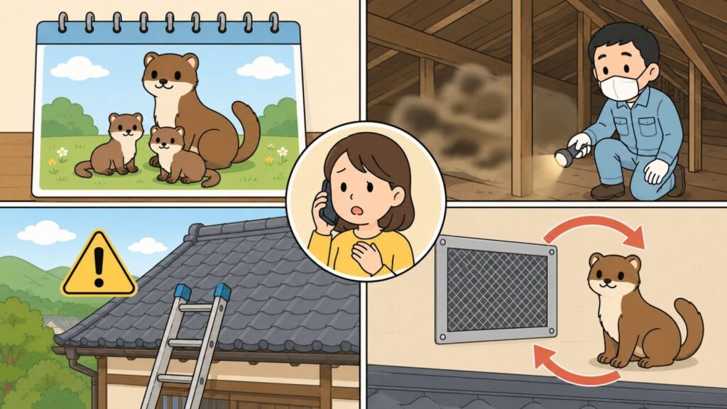 子育て時期を示すカレンダーと親子のイタチ、マスクを着けて照らす天井裏の広範囲の汚れ、瓦屋根にかけたはしごの危険、封鎖後の再侵入という4つの状況を並べ、中央で電話相談する住民を描いたいらすとや風イラスト