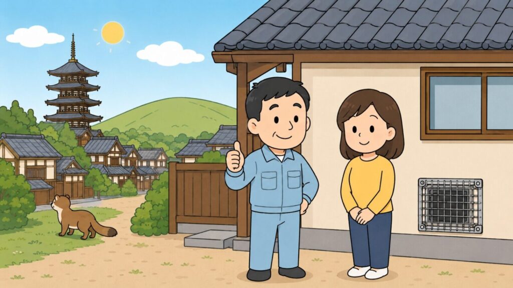 五重塔と芝生の山、瓦屋根の町家風住宅街を背景に、金網で換気口が塞がれた住宅の前で安心する住民と親指を立てる獣害対策アドバイザー、緑地へ歩いて帰るイタチを描いた、奈良市でのイタチ対策の完了を表すいらすとや風イラスト