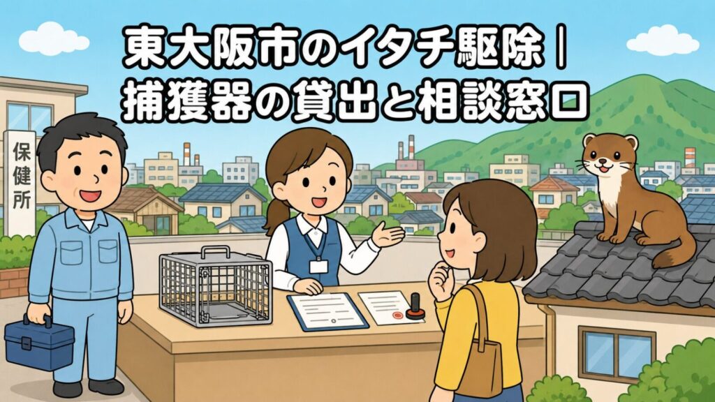 生駒の緑の山なみと住宅や町工場が並ぶ市街地を背景に、保健所の窓口で職員が空の箱わなと申請書類を示しながら住民の相談に応じ、屋根の上のイタチを描いた、東大阪市のイタチ駆除の捕獲器貸出と相談窓口を表すいらすとや風イラスト