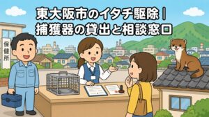 生駒の緑の山なみと住宅や町工場が並ぶ市街地を背景に、保健所の窓口で職員が空の箱わなと申請書類を示しながら住民の相談に応じ、屋根の上のイタチを描いた、東大阪市のイタチ駆除の捕獲器貸出と相談窓口を表すいらすとや風イラスト