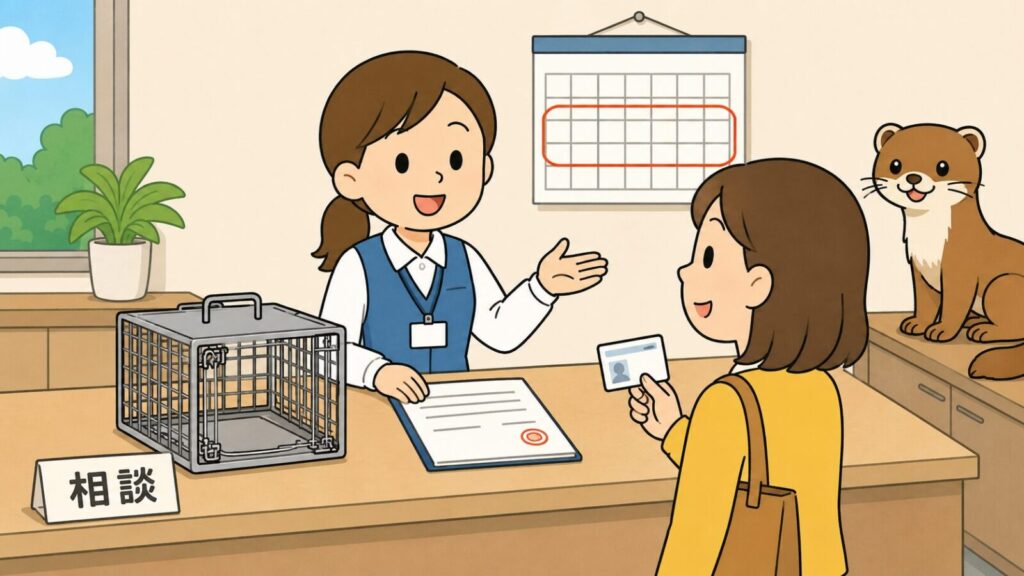 窓口カウンターで職員が空の箱わなと判子付きの申請書類を示しながら案内し、貸出期間を丸で囲んだカレンダーを背に、住民が本人確認書類を手に相談している場面を描いた、東大阪市の捕獲器貸出の手続きを表すいらすとや風イラスト