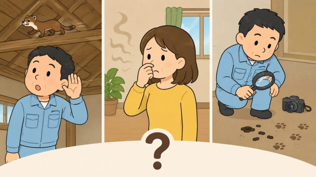 天井裏を走るイタチの物音に耳を澄ます住民、糞尿の臭いに顔をしかめる住民、虫眼鏡で細くねじれた糞と足跡を調べる住民の3場面を並べ、下部のクエスチョンマークで手掛かり一つだけでは動物を断定できないことを示したいらすとや風イラスト
