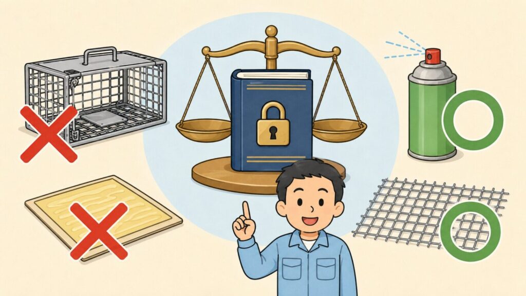 天秤と錠前が描かれた法律の本を中央に置き、無許可の捕獲器と粘着シートに赤いバツ印、忌避剤スプレーと金網に緑の丸印を対比させて、イタチの捕獲は許可制だが追い出しと封鎖は許可なくできることを示すいらすとや風イラスト