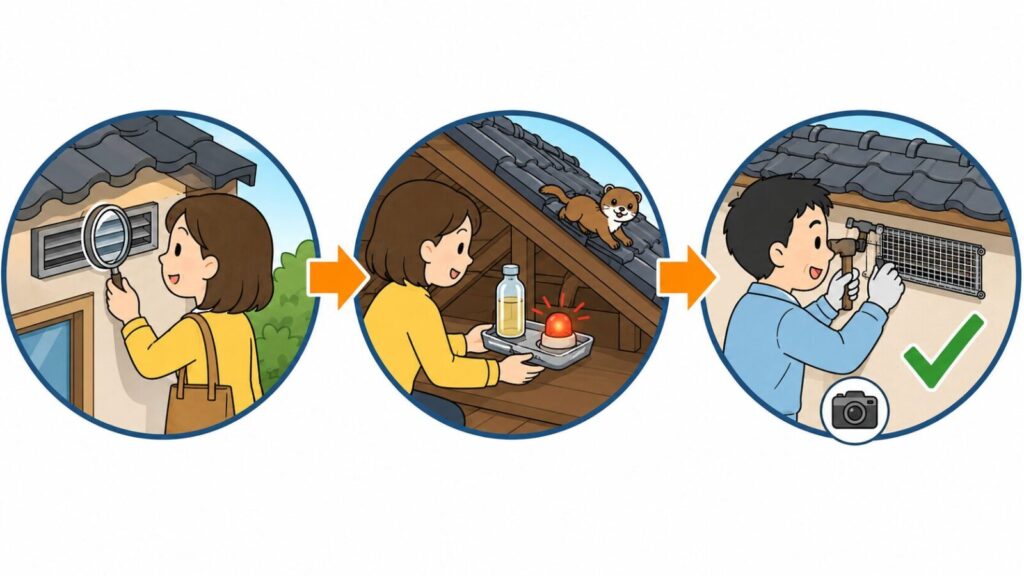 換気口の隙間を虫眼鏡で点検する、トレイに載せた匂いの強い液体と点滅ランプを天井裏に仕掛けて追い出す、退出を確認してから金属製ネットを取り付けるという3つの手順を矢印でつないで示したいらすとや風イラスト