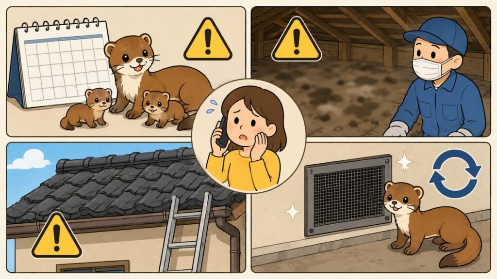 子育て時期を示すカレンダーと親子のイタチ、マスクを着けて確認する天井裏の広範囲の汚れ、瓦屋根にかけたはしごの危険、封鎖後の再侵入という4つの状況を並べ、中央で電話相談する住民を描いたいらすとや風イラスト