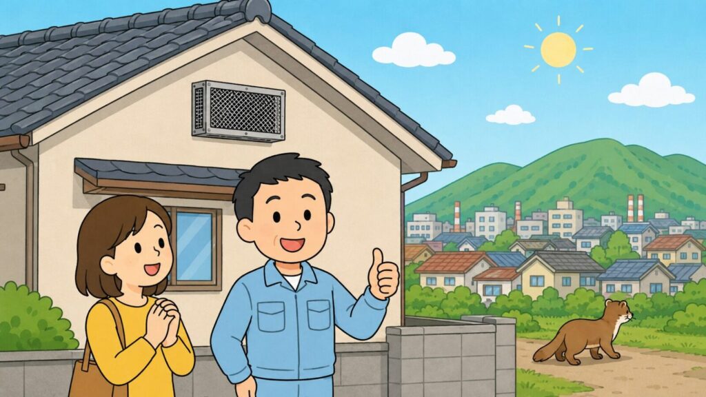 生駒の緑の山なみと住宅や町工場が並ぶ市街地を背景に、金網で換気口が塞がれた住宅の前で安心する住民と親指を立てる獣害対策アドバイザー、山裾へ歩いて帰るイタチを描いた、東大阪市でのイタチ対策の完了を表すいらすとや風イラスト