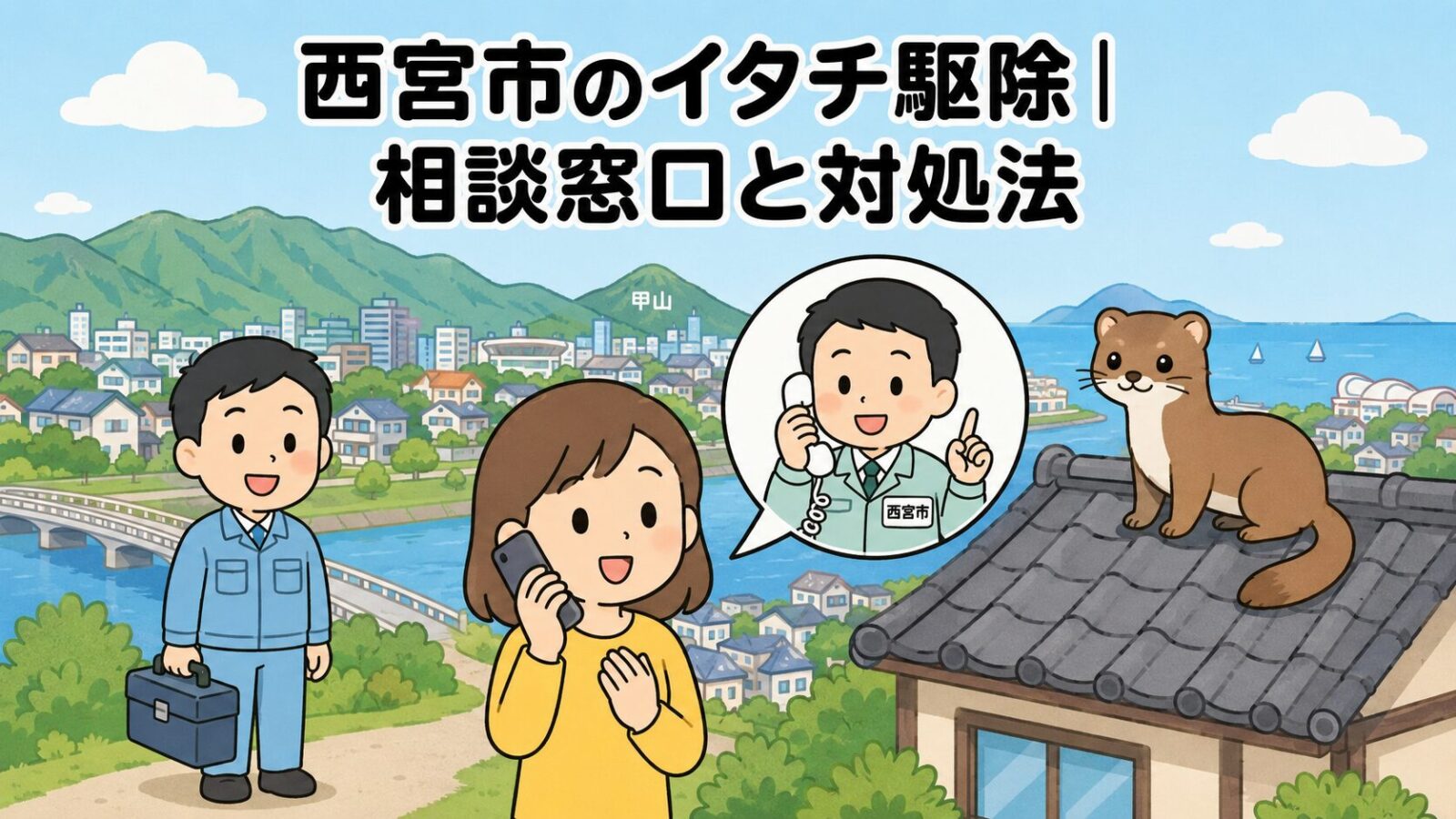 六甲の山並みと甲山、川と海に面した住宅街を背景に、スマートフォンで相談窓口に電話する住民と応対する職員、屋根の上のイタチを描いた、西宮市のイタチ駆除の相談窓口と対処法を表すいらすとや風イラスト