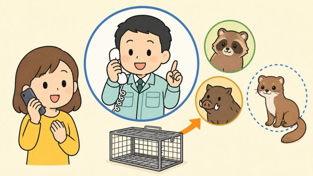電話で相談する住民と受話器を持って応対する職員を中心に、捕獲箱から矢印でつながれたアライグマとイノシシのアイコン、点線の丸で区別されたイタチを添えた、西宮市の相談窓口と捕獲箱の対象動物を表すいらすとや風イラスト