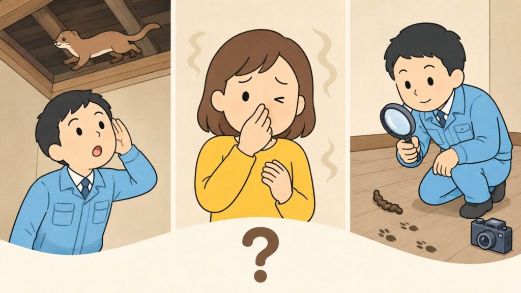 天井裏を走るイタチの物音に耳を澄ます住民、糞尿の臭いに顔をしかめる住民、虫眼鏡で細くねじれた糞と足跡を調べる住民の3場面を並べ、下部のクエスチョンマークで手掛かり一つだけでは動物を断定できないことを示したいらすとや風イラスト