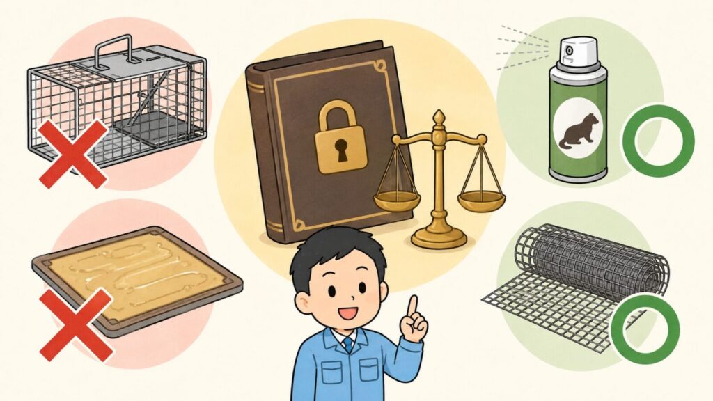 天秤と錠前が描かれた法律の本を中央に置き、無許可の捕獲器と粘着シートに赤いバツ印、忌避剤スプレーと金網に緑の丸印を対比させて、イタチの捕獲は許可制だが追い出しと封鎖は許可なくできることを示すいらすとや風イラスト