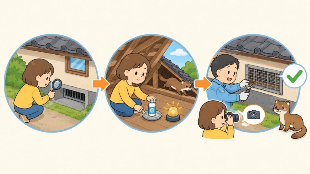 換気口の隙間を虫眼鏡で点検する、忌避剤とライトを天井裏に仕掛けて追い出す、退出を確認してから金網を取り付けるという3つの手順を矢印でつないで示した、イタチの追い出しと封鎖の流れを表すいらすとや風イラスト