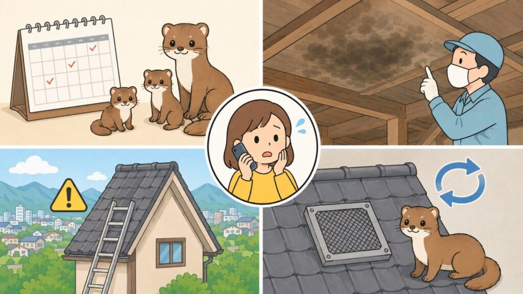 子育て時期を示すカレンダーと親子のイタチ、マスクを着けて確認する天井裏の広範囲の汚れ、屋根にかけたはしごの危険、封鎖後の再侵入という4つの状況を並べ、中央で電話相談する住民を描いたいらすとや風イラスト