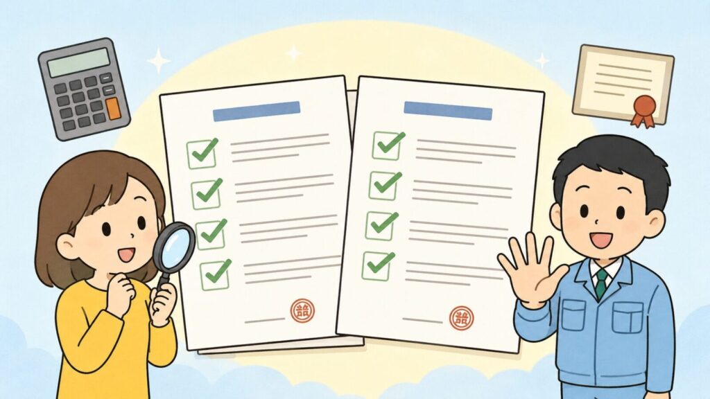 見積書と契約書に並んだ緑のチェックマークを虫眼鏡で確かめる住民と、確認ポイントを手で示す獣害対策アドバイザー、電卓と保証書を添えて、イタチ駆除の業者選びで確認すべき5項目を表したいらすとや風イラスト