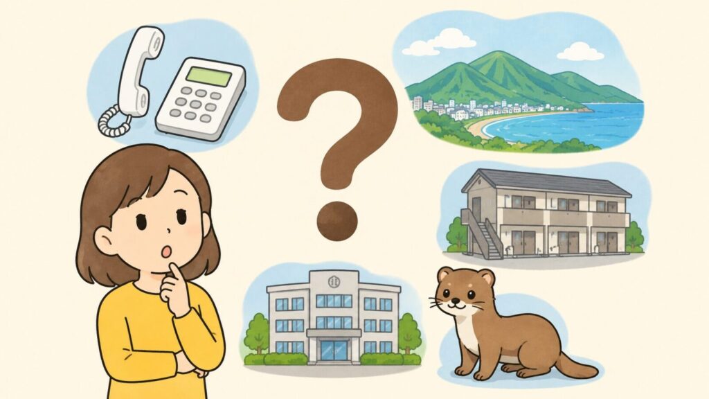 電話の受話器、六甲の山並みと海の風景、市役所の建物、賃貸マンション、イタチのキャラクターをクエスチョンマークのまわりに配置し、考えごとをする住民を描いた、西宮市のイタチ駆除のよくある質問を表すいらすとや風イラスト