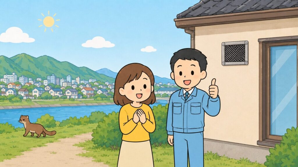 六甲の山並みと川沿いの住宅街を背景に、金網で換気口が塞がれた住宅の前で安心する住民と親指を立てる獣害対策アドバイザー、川辺へ歩いて帰るイタチを描いた、西宮市でのイタチ対策の完了を表すいらすとや風イラスト