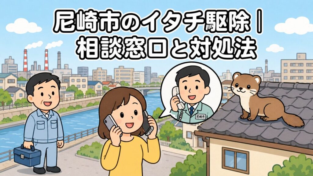 尼崎市のイタチ駆除の相談窓口と対処法を表すいらすとや風のメインアイキャッチ。川沿いの住宅街と煙突の立つ工場地帯を背景に、スマートフォンで相談する女性と工具箱を持つ作業員、電話で応対する市職員の吹き出し、瓦屋根の上のイタチを描いている