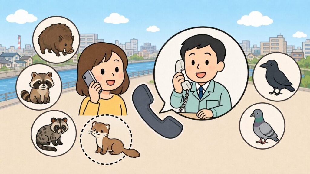 スマートフォンで相談する女性と受話器を持って応対する職員を中心に、イノシシ・アライグマ・ハクビシンのアイコンと点線の丸で区別されたイタチ、カラスとハトのアイコンを左右に配置し、動物の種類で窓口が分かれる尼崎市の相談体制を表したいらすとや風イラスト