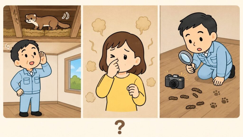 天井裏を走るイタチの物音に耳を澄ます住民、糞尿の臭いに顔をしかめる住民、虫眼鏡とカメラで細長い糞と足跡を調べる住民の3場面を並べ、下部のクエスチョンマークで手掛かり一つだけでは動物を断定できないことを示したいらすとや風イラスト