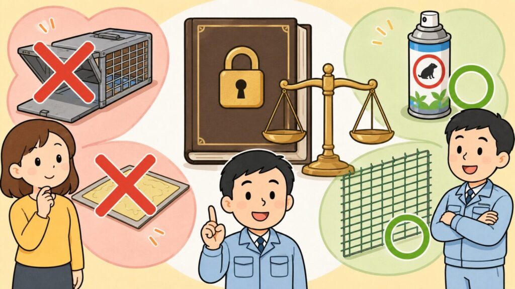 錠前と天秤が描かれた法律の本を中央に置き、左に赤いバツ印の付いた箱わなと粘着シート、右に丸印の付いた忌避スプレーと金網を配置して、許可なくできる対策とできない行為の線引きを示したいらすとや風イラスト