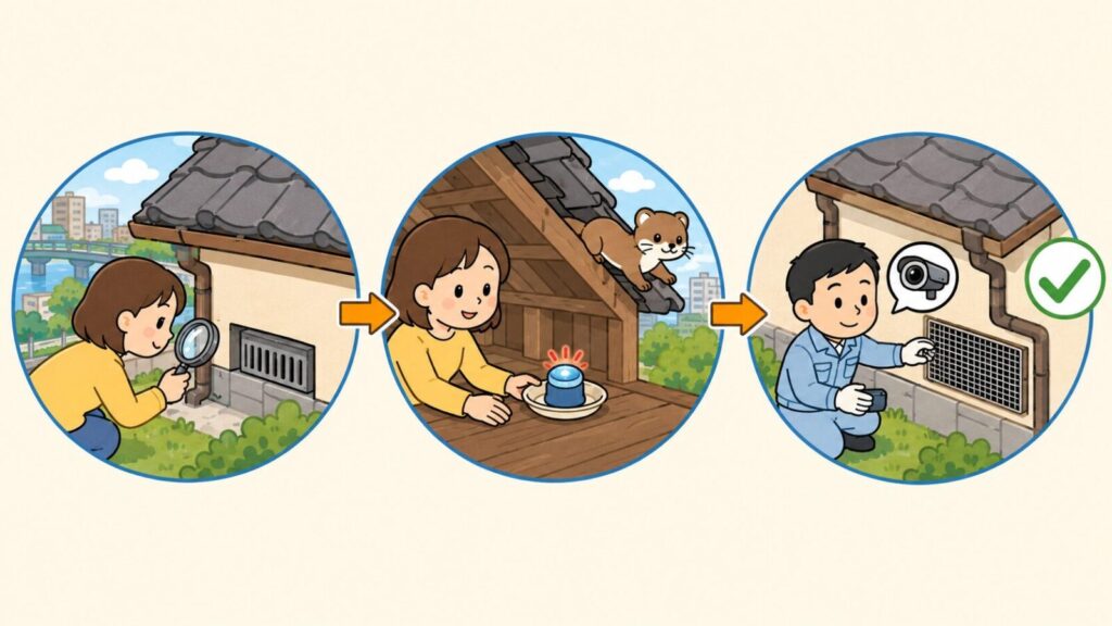 換気口の隙間を虫眼鏡で点検する女性、屋根裏で忌避剤を置いてイタチを追い出す場面、金網を取り付けて侵入口をふさぐ作業員の3場面を矢印でつなぎ、点検から追い出し、封鎖までの手順を表したいらすとや風イラスト