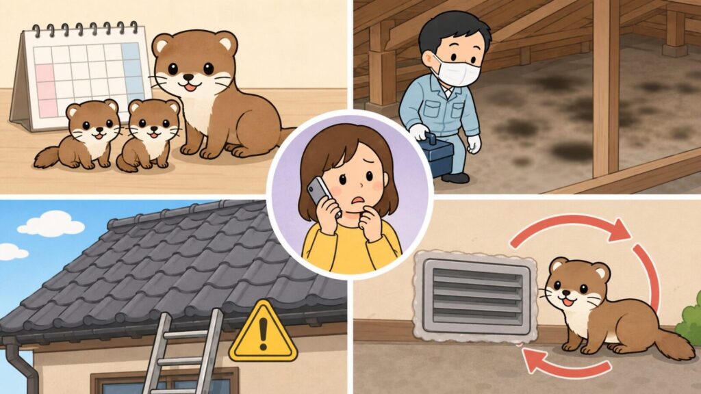カレンダーの前に並ぶ親子のイタチ、マスクと手袋で天井裏の汚れを清掃する作業員、はしごを立てかけた屋根の高所作業の注意マーク、換気口から出入りを繰り返すイタチの4場面と、電話をかけて困り顔の住民を中央に配したいらすとや風イラスト