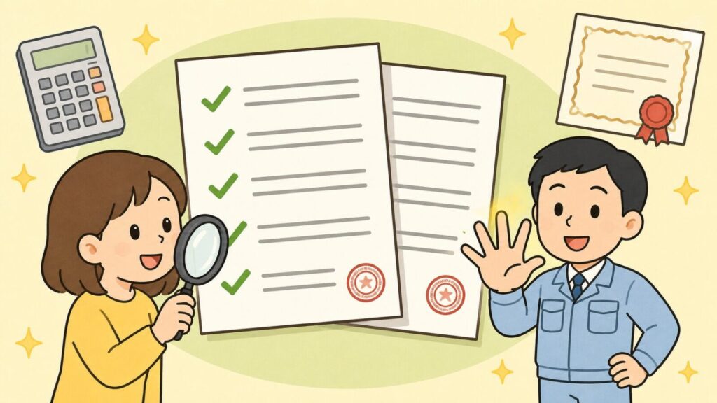 虫眼鏡で見積書を確認する女性と、手のひらを開いて5つのポイントを示す作業員を左右に配置し、緑のチェックマークが並んだ書類と電卓、資格証を添えて、業者選びの確認項目を表したいらすとや風イラスト