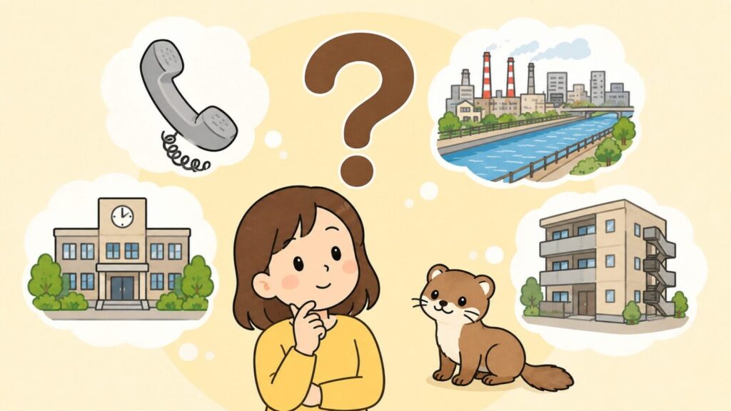 クエスチョンマークを浮かべて考える女性とイタチを中央に置き、受話器、市役所の庁舎、煙突の立つ工場と川沿いの街並み、集合住宅の吹き出しを周囲に配して、尼崎市のイタチ駆除でよく寄せられる疑問を表したいらすとや風イラスト
