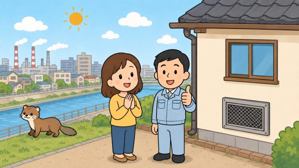 川沿いの遊歩道と工場地帯を背景に、金網で換気口をふさいだ住宅の前で笑顔の住民と親指を立てる作業員が並び、川べりへ去っていくイタチを描いた、尼崎市での対策完了を表すいらすとや風イラスト
