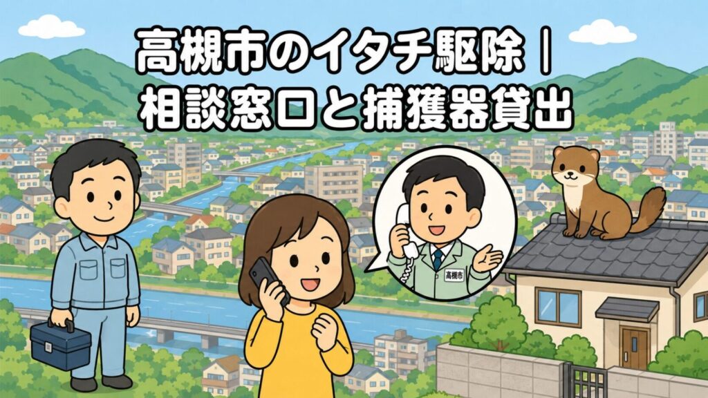 高槻市のイタチ駆除の相談窓口と捕獲器貸出を表すいらすとや風のメインアイキャッチ。緑の山並みと川沿いの住宅街を背景に、スマートフォンで相談する女性と工具箱を持つ作業員、電話で応対する市職員の吹き出し、瓦屋根の上のイタチを描いている