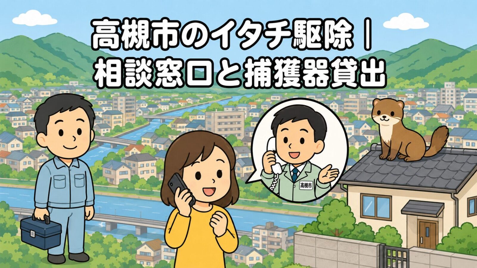 高槻市のイタチ駆除の相談窓口と捕獲器貸出を表すいらすとや風のメインアイキャッチ。緑の山並みと川沿いの住宅街を背景に、スマートフォンで相談する女性と工具箱を持つ作業員、電話で応対する市職員の吹き出し、瓦屋根の上のイタチを描いている