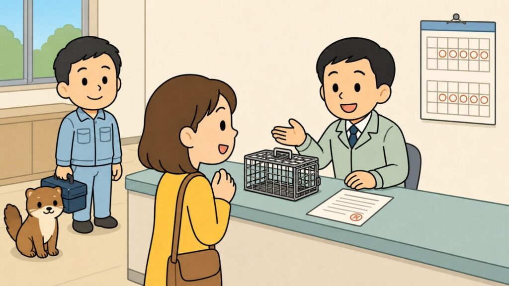 市役所の窓口カウンターで、職員が空の小型箱わなと判子付きの申請書類を示しながら相談者に案内し、壁に貸出期間を丸で囲んだカレンダーが掛かる場面を描いた、高槻市の捕獲器貸出の手続きを表すいらすとや風イラスト