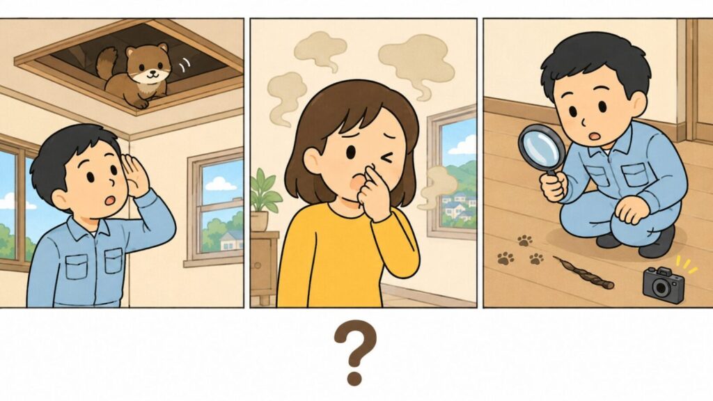 天井裏をのぞくイタチの物音に耳を澄ます住民、糞尿の臭いに顔をしかめる住民、虫眼鏡とカメラで細長い糞と足跡を調べる住民の3場面を並べ、下部のクエスチョンマークで手掛かり一つだけでは動物を断定できないことを示したいらすとや風イラスト