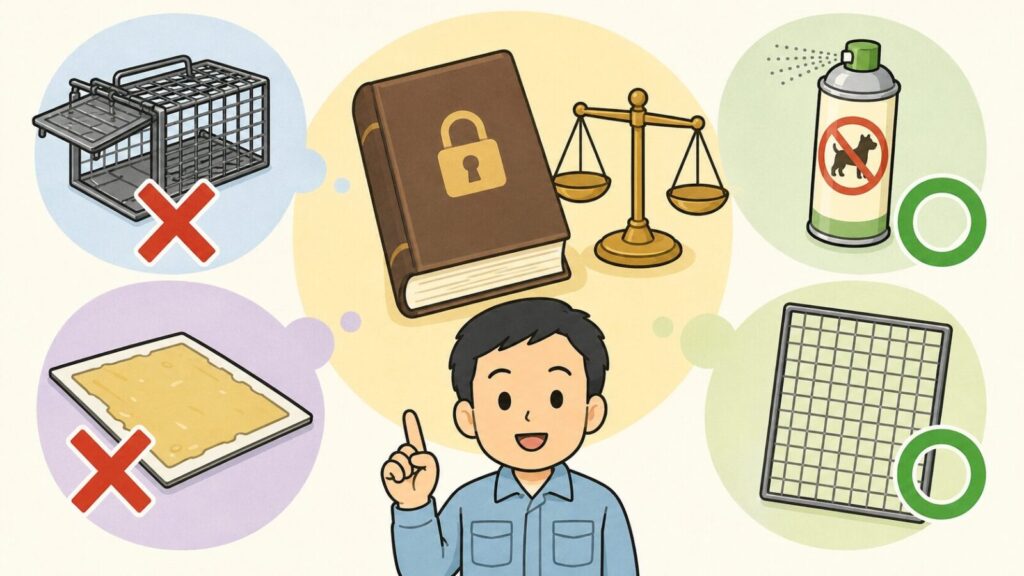 錠前と天秤が描かれた法律の本を中央に置き、左に赤いバツ印の付いた箱わなと粘着シート、右に緑の丸印の付いた忌避スプレーと金網を配置し、人差し指を立てて説明する作業員を添えたいらすとや風イラスト