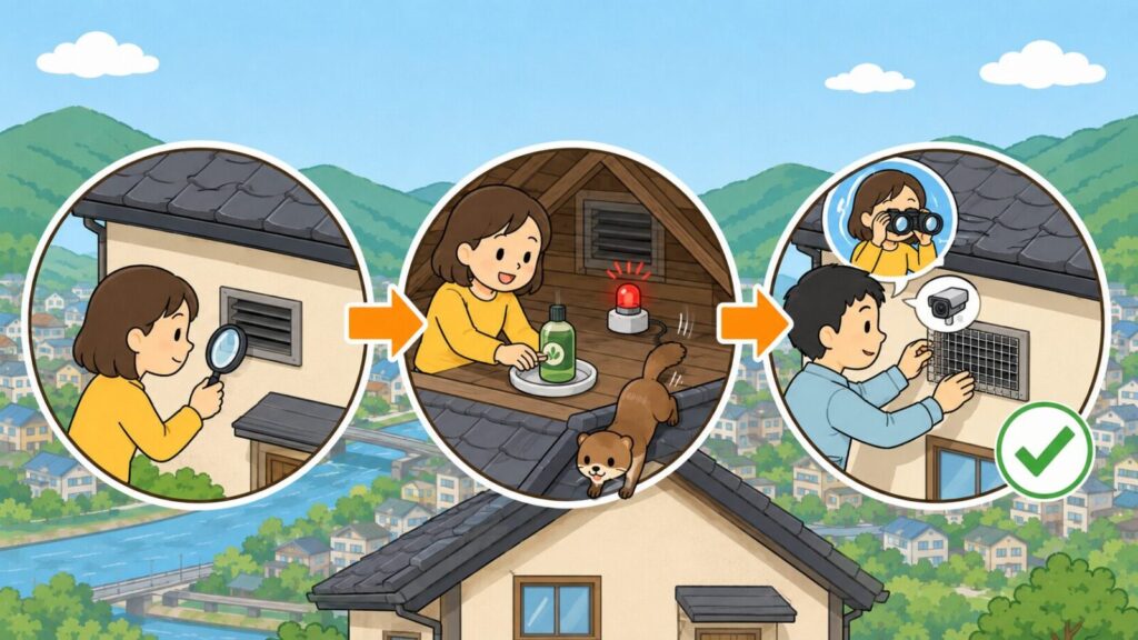 緑の山並みと川沿いの住宅街を背景に、換気口の隙間を虫眼鏡で点検する場面、屋根裏に忌避剤とライトを仕掛けてイタチを追い出す場面、双眼鏡で確認してから金網を取り付ける場面を矢印でつないだいらすとや風イラスト