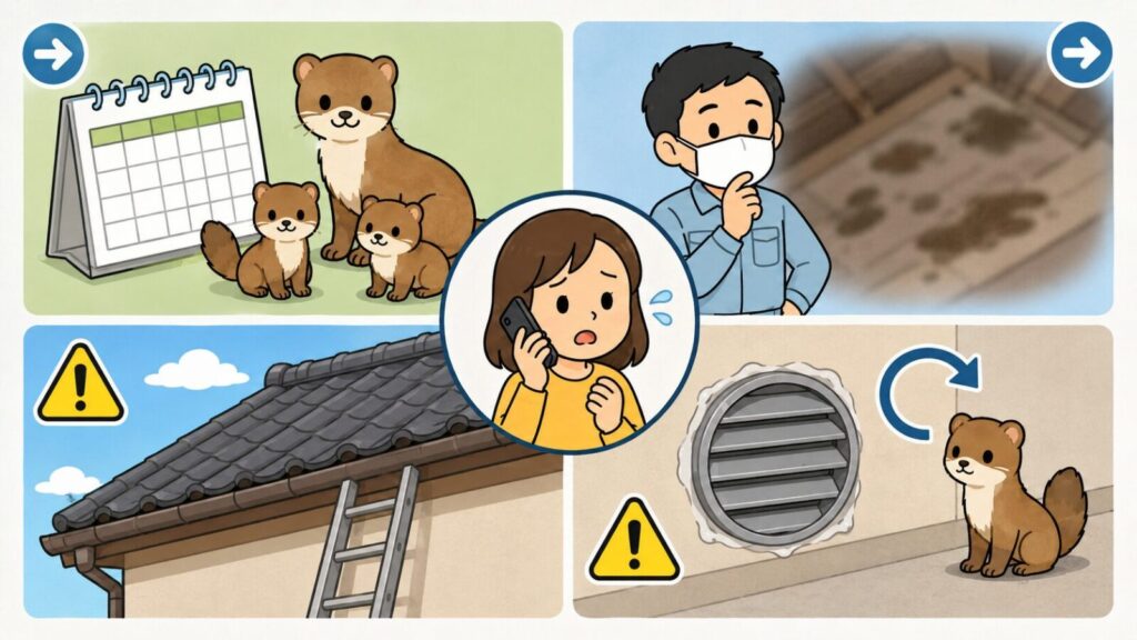 カレンダーの前に並ぶ親子のイタチ、マスクを着けて天井裏の広い汚れを確認する作業員、はしごを立てかけた屋根の注意マーク、封鎖した換気口の横に再び現れたイタチの4場面と、中央で困り顔で電話する住民を描いたいらすとや風イラスト