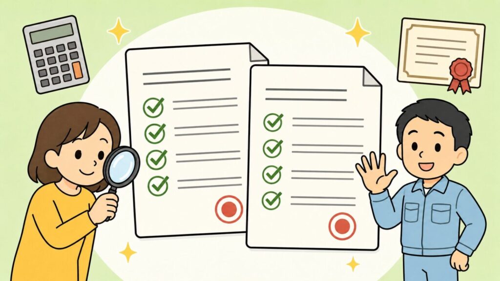 虫眼鏡で見積書を確認する住民と、手のひらを開いて5つのポイントを示す作業員を左右に配置し、緑のチェックマークが並んだ判子付きの書類2枚と電卓、資格証を添えたいらすとや風イラスト