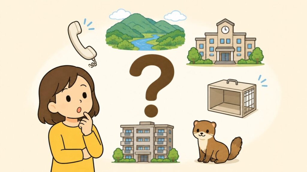 クエスチョンマークを中央に置き、受話器、緑の山並みと川の風景、市役所の庁舎、空の小型箱わな、集合住宅、イタチのアイコンを周囲に配して、あごに手を当てて考える住民を添えたいらすとや風イラスト