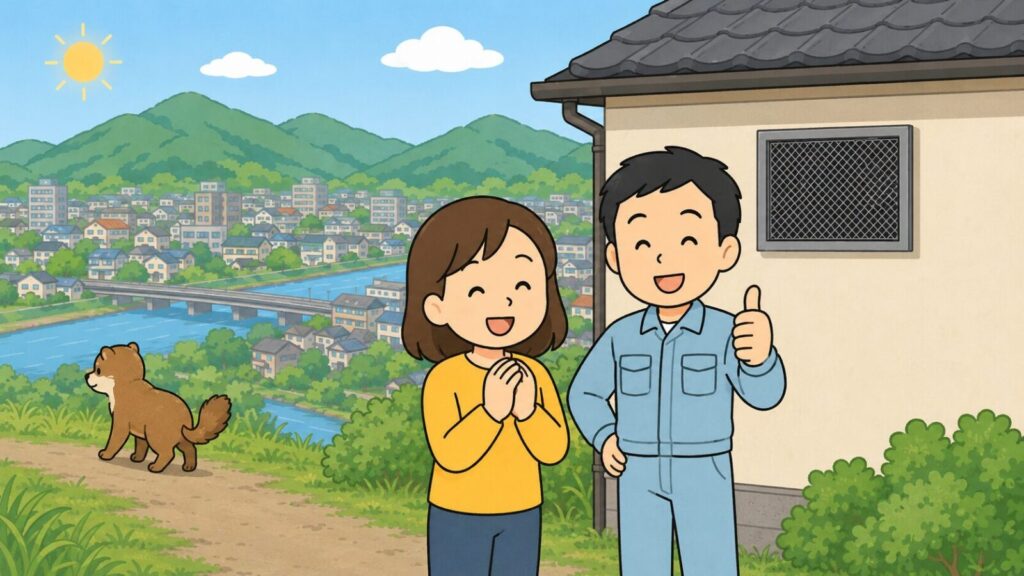 緑の山並みと川沿いの住宅街を背景に、金網で換気口をふさいだ住宅の前で笑顔の住民と親指を立てる作業員が並び、川べりの草むらへ去っていくイタチを描いた、高槻市での対策完了を表すいらすとや風イラスト
